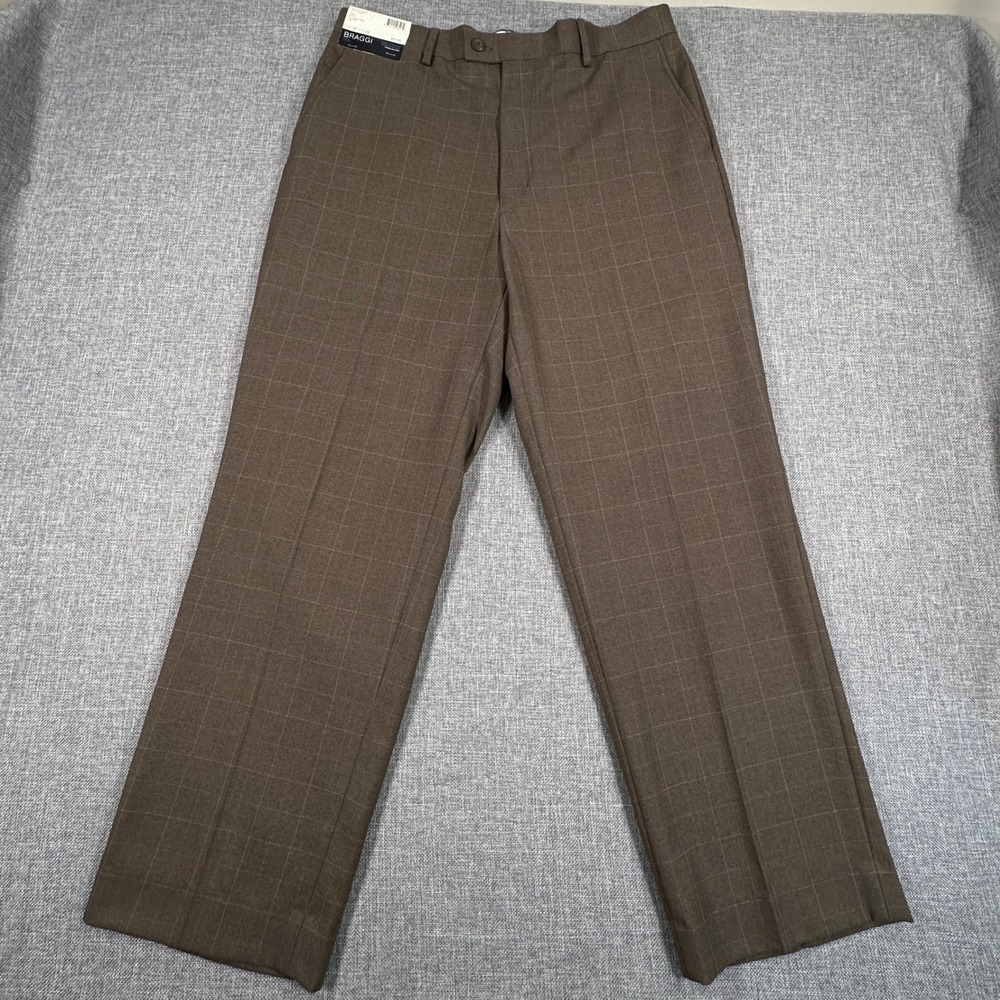 Braggi Louis Raphael Dress Pants Men 34x29 Brown Windowpane Plaid Flat Front NEW